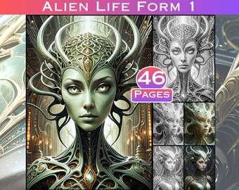 May include: Digital art print titled "Alien Life Form 1" featuring a detailed portrait of an alien with green skin, large eyes, and intricate headgear. The image includes a collage of additional alien portraits and the text "46 PAGES".