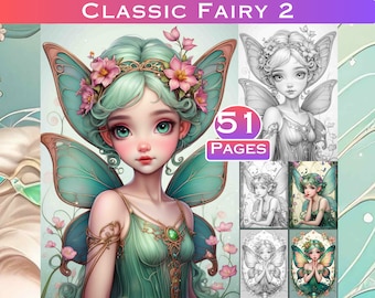 51 páginas para colorear de hadas clásicas en escala de grises: Libro de colorear de fantasía para adultos (Descarga digital)