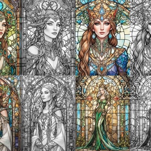 May include: A digital art collage of six stained glass window designs featuring an elf woman in different poses and outfits. The designs are in various stages of completion, with some fully colored and others in black and white.
