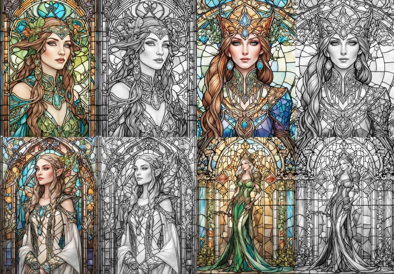 May include: A digital art collage of six stained glass window designs featuring an elf woman in different poses and outfits. The designs are in various stages of completion, with some fully colored and others in black and white.