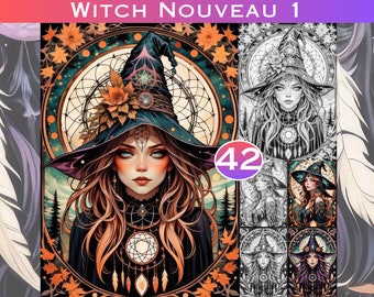 Witch Nouveau 1 Art Nouveau Grey Scale Digital Colouring Pages, Adults Fantasy Coloring. Grayscale Coloring Book Printable Digital Download