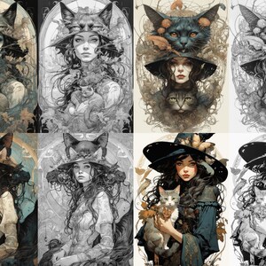 Grayscale Witches Coloring Pages: Art Nouveau Fantasy (Digital Download) image 4