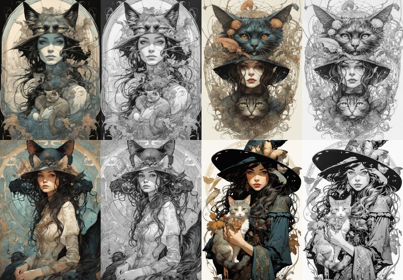 Grayscale Witches Coloring Pages: Art Nouveau Fantasy (Digital Download) image 4