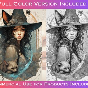 Grayscale Witches Coloring Pages: Art Nouveau Fantasy (Digital Download) image 3