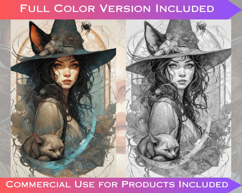 Grayscale Witches Coloring Pages: Art Nouveau Fantasy (Digital Download) image 3