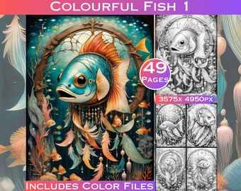 Libro para colorear de peces de colores en escala de grises: 49 escenas de la vida marina (descarga digital)