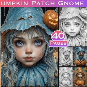 May include: A colouring book featuring a whimsical gnome with a pumpkin hat and blue clothing. The gnome has large blue eyes and a sweet expression. The book has 40 pages and is perfect for adults and children who love to colour.