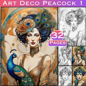 Peacock Art Deco Portrait Coloring Pages for Adults (Digital Download)