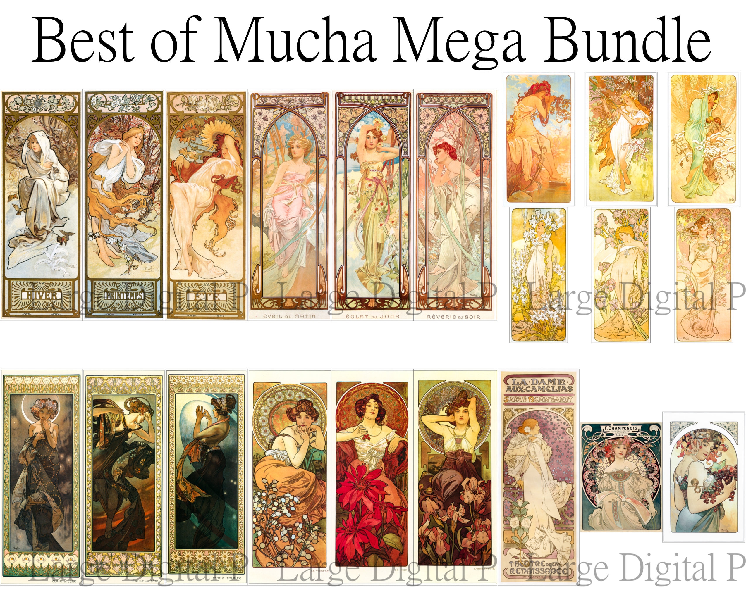 Mega Alphonse Mucha Collection Bundle Collection Set. The Precious Stones, The Stars, The Four Seasons, Times of the Day, Dame aux Camellias