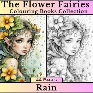Puede incluir: Una colección de libros para colorear titulada "The Flower Fairies" con dos ilustraciones de retratos de hadas. Una es en color, mostrando un hada con flores amarillas y hojas verdes. La otra es un dibujo lineal en blanco y negro. El libro tiene 44 páginas y se titula "Rain".