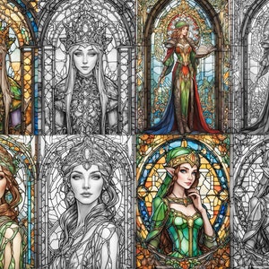 May include: A digital art collage of eight stained glass window designs featuring a female figure in a crown and green and gold clothing. The designs are in various stages of completion, with some fully colored and others in black and white.