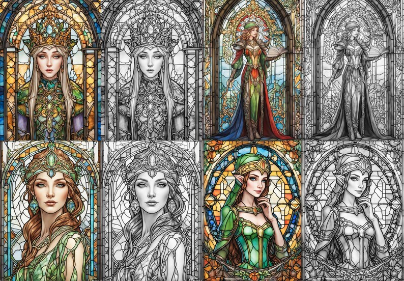 May include: A digital art collage of eight stained glass window designs featuring a female figure in a crown and green and gold clothing. The designs are in various stages of completion, with some fully colored and others in black and white.