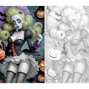 TIM BURTON Style Coloring Book | Grayscale + Color Files.  Printable Halloween Cards. Postcard Making, Digital Paper, Digital Download