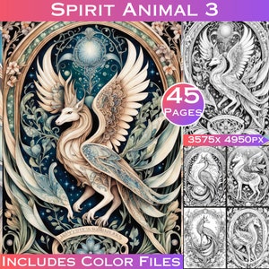 45 animales espirituales Set 3 con hermosos bordes florales Páginas para colorear en escala de grises Libro para colorear para adultos imprimible Descargar ilustración en escala de grises