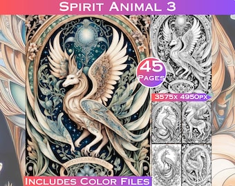 Spirit Animals Coloring Book: Floral Grayscale Illustrations (Digital Download)