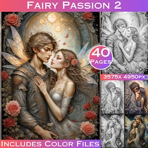 Fairy Passion 2 Scenes Grey Scale Digital Colouring Pages Fantasy Grayscale Adult Coloring Book. Digital Download with Colour Files Included