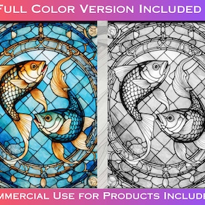 May include: A stained glass design featuring two fish swimming in a circle. The fish are outlined in black and have a blue and yellow color scheme. The background is a light blue with a grid pattern.
