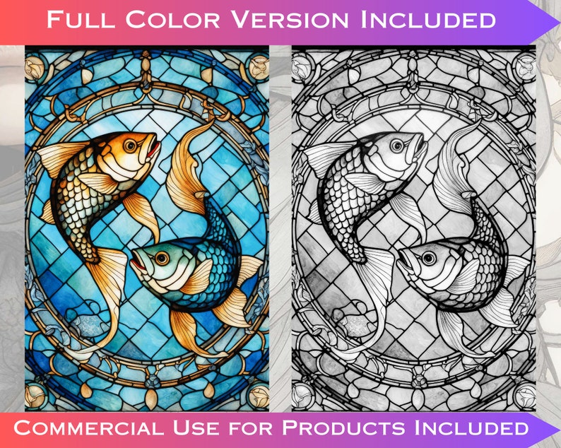 May include: A stained glass design featuring two fish swimming in a circle. The fish are outlined in black and have a blue and yellow color scheme. The background is a light blue with a grid pattern.