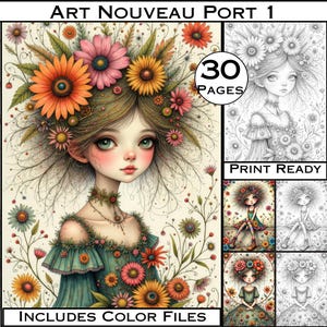 Könnte beinhalten: Art Nouveau Malbuch-Cover mit einer detaillierten Illustration eines Mädchens mit floralem Kopfschmuck und Kleid. Das Cover enthält den Text "ART NOUVEAU PORT 1", "30 PAGES", "PRINT READY" und "INCLUDES COLOR FILES".