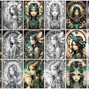 May include: A digital art collage of 12 images featuring a fairy-like figure with wings and a dragonfly. The images are in various stages of completion, from a black and white sketch to a fully coloured illustration. The fairy-like figure is surrounded by intricate details, including flowers, leaves, and a dreamcatcher.