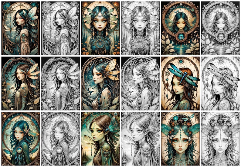 May include: A digital art collage of 12 images featuring a fairy-like figure with wings and a dragonfly. The images are in various stages of completion, from a black and white sketch to a fully coloured illustration. The fairy-like figure is surrounded by intricate details, including flowers, leaves, and a dreamcatcher.