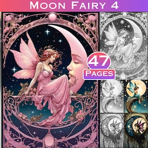 Könnte beinhalten: Eine rosa Fee mit Flügeln sitzt auf einem Halbmond mit einem Gesicht. Der Mond ist von einem Blumendesign und Sternen umgeben. Das Bild ist im Vintage-Stil gehalten und wirkt fantasievoll. 47 Seiten.