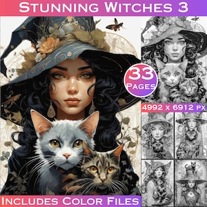 Stunning Witches 3 of 3 Fantasy Halloween Whimsical Witches Adult Coloring Pages in Grayscale. Grayscale Coloring Coloring Books for Adults.