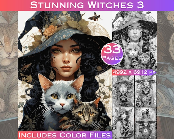 Whimsical Witches Grayscale Coloring Pages: Art Nouveau Fantasy (Digital Download)