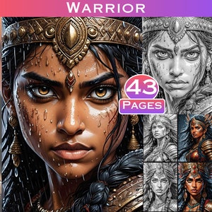 Può includere: Un'illustrazione digitale di una guerriera con i capelli scuri e una corona dorata. Ha un'espressione fiera e indossa una collana di perline. L'immagine è divisa in nove pannelli, ognuno con un'illustrazione diversa della guerriera. Il testo "43 PAGINE" è visualizzato in un cerchio rosso.