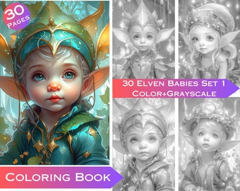 Pagine da colorare di Baby Elf: 30 illustrazioni in scala di grigi per adulti (download digitale per uso commerciale)