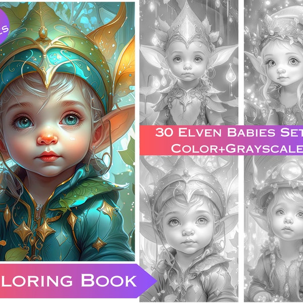 30 Baby Elves Grey-scale Coloring Pages for Adults. Commercial Use Digital Download Large Files for Printing. Baby Elf Coloring Book Set 1