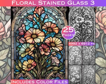 25 Floral Stained Glass Coloring Pages: Grayscale Art (Printable PDF)