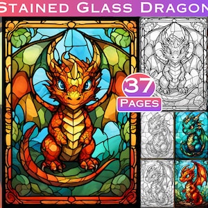 May include: A stained glass dragon coloring book with 37 pages. The cover features a colorful illustration of a red dragon with wings and a blue background.