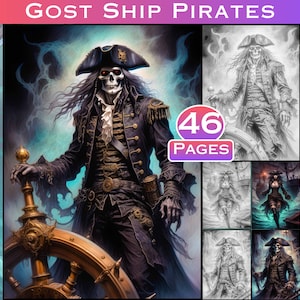 以下が含まれることがあります： 赤い光る目をした骸骨の海賊船長が船の舵取りをしている。彼は黒と金の海賊のコートを着て、舵輪を持っている。画像は青と白の霧に囲まれている。テキスト「46ページ」は赤い円の中に書かれている。