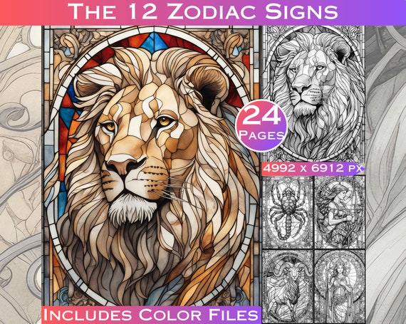 Stained Glass Zodiac Coloring Book: Grayscale Female Portraits (Digital Download)