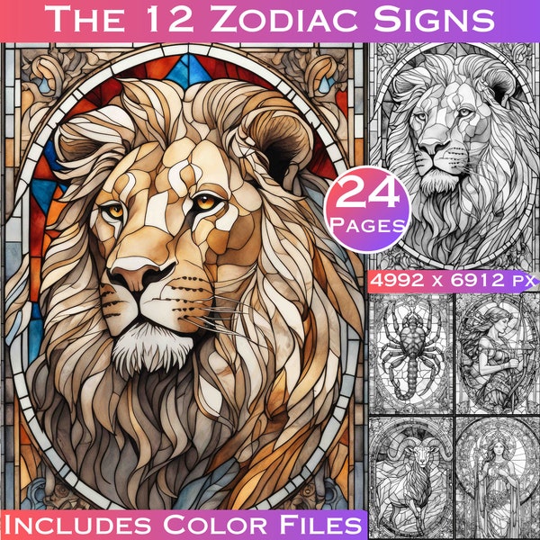 Zodiac Astrology Stained Glass Printable Coloring Book Coloring Pages Zodiac signs Zodiac Female Portraits Stained glass Adult Coloring Book