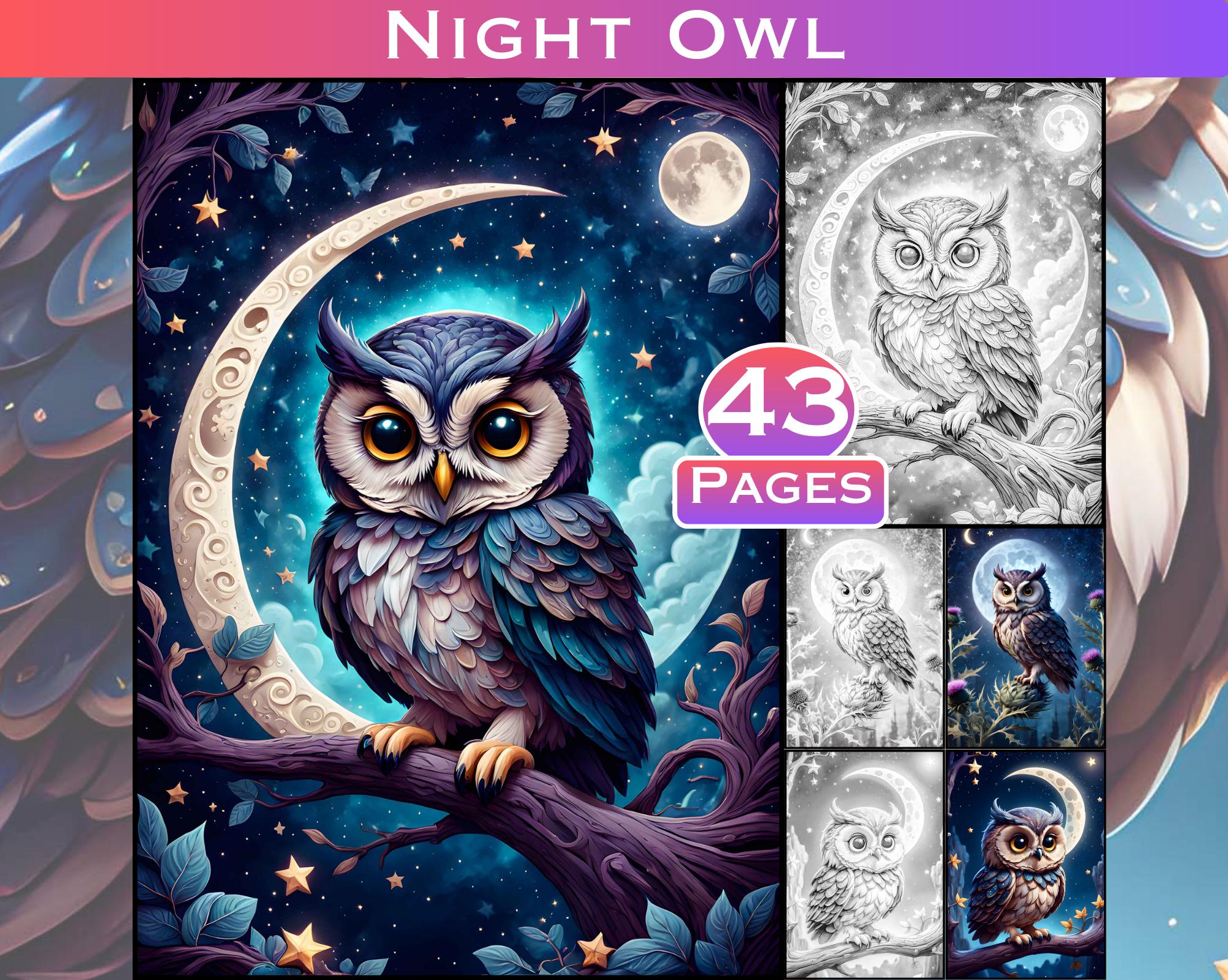 Night Owl Grayscale Coloring Pages 43 Pages of Beautiful Owls at Night, Adult Coloring Book for Insp