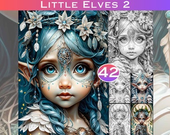 May include: A digital illustration of a blue-haired elf with a dreamcatcher on her forehead. She has large blue eyes and is wearing a white feathered collar. The image is part of a set of 42 illustrations.