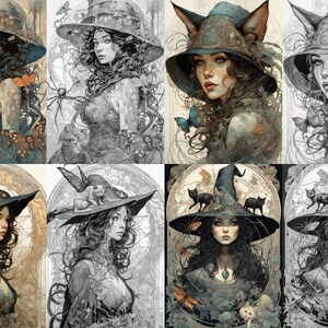 Grayscale Witches Coloring Pages: Art Nouveau Fantasy (Digital Download) image 8