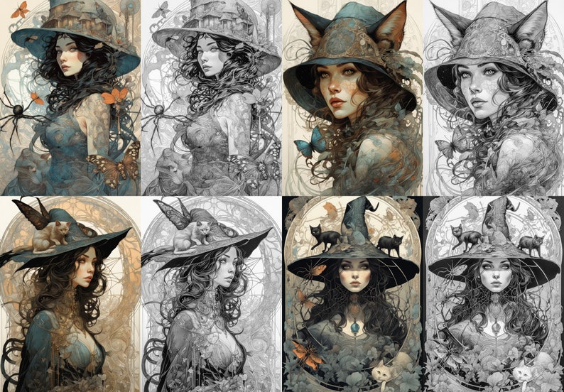 Grayscale Witches Coloring Pages: Art Nouveau Fantasy (Digital Download) image 8