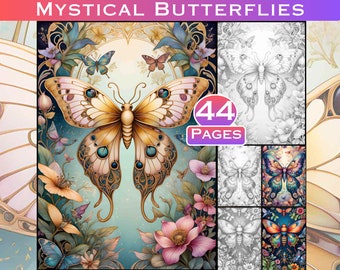 Mystical Butterflies Grayscale Coloring Book Fantasy Coloring Page Mystic Adult Coloring Page in Grayscale LargeDigitalPrints Commercial Use