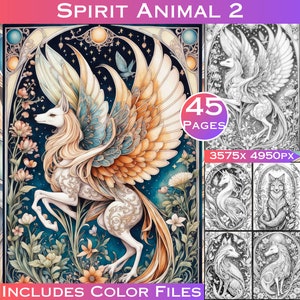 45 animales espirituales Set 2 con hermosos bordes florales Páginas para colorear en escala de grises Libro para colorear para adultos imprimible Descargar ilustración en escala de grises