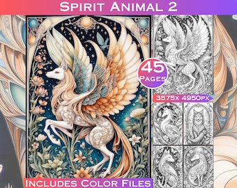 45 Spirit Animals Grayscale Coloring Pages with Floral Borders (Printable Digital Download)