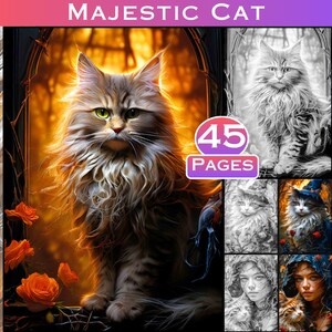 Majestätisk katt i gråskala målarbok: 45 fantasysidor (PDF-nedladdning)