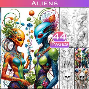 May include: Two colorful alien women with intricate designs and vibrant colors, surrounded by plants and flowers. The image is part of a coloring book with 44 pages.