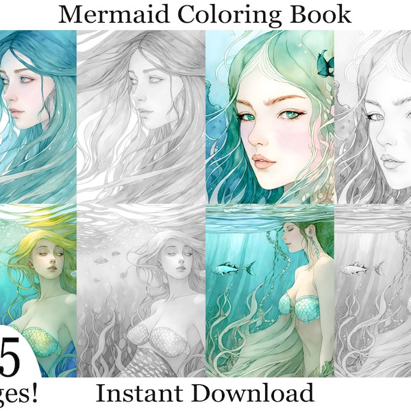 45 Mermaids Coloring Pages for Adults and for Kids Coloring Pages, Grayscale Coloring Book, Printable Digital Download for Commercial Use