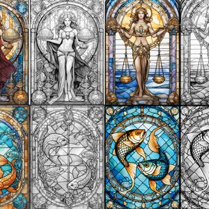 May include: A digital illustration of four stained glass windows depicting zodiac signs. The top left window shows a woman holding scales, the top right window shows a woman holding scales, the bottom left window shows two fish, and the bottom right window shows two fish.