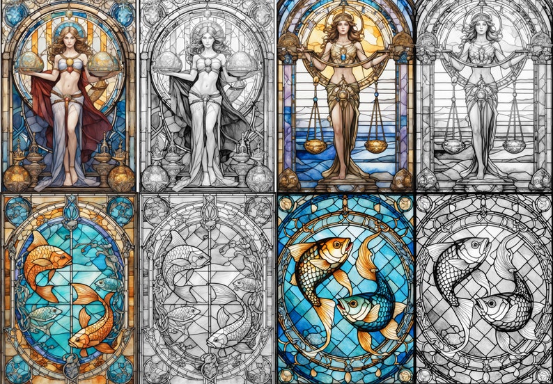 May include: A digital illustration of four stained glass windows depicting zodiac signs. The top left window shows a woman holding scales, the top right window shows a woman holding scales, the bottom left window shows two fish, and the bottom right window shows two fish.