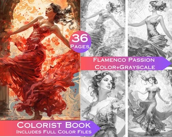36 Page Flamenco Passion Dance Coloring Book 1 of 2.  Rhythmic Flamenco Dreams Relaxing Coloring Experience for Adult Colorists. Color book