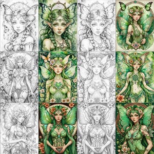 Op de afbeelding: Een digitale kleurplaat met tien verschillende illustraties van fee&euml;n met vleugels. Elke fee is afgebeeld met een ander kapsel en een andere outfit, en sommige dragen bloemen in hun haar. De fee&euml;n zijn omringd door groene bladeren en bloemen.